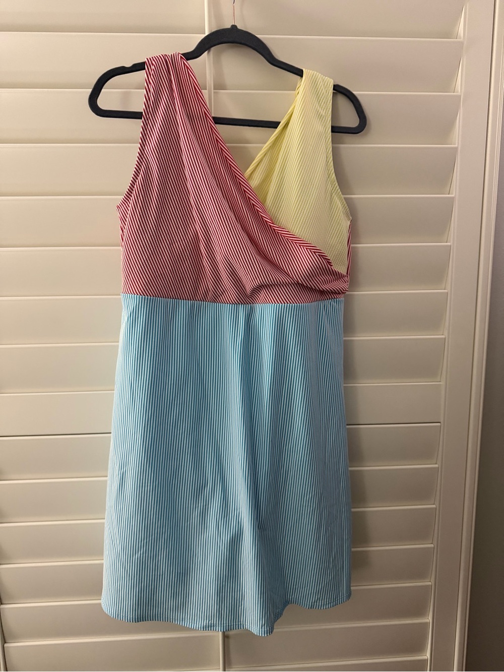 Colorblock One-Shoulder Summer Dress - Red, Yellow, Light Blue